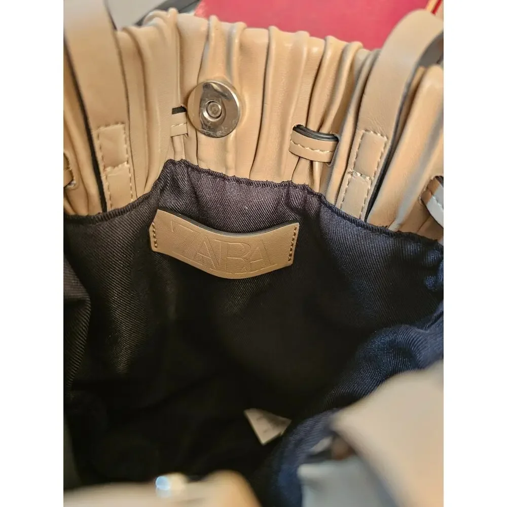 Zara Pleated Bucket Purse In Beige
